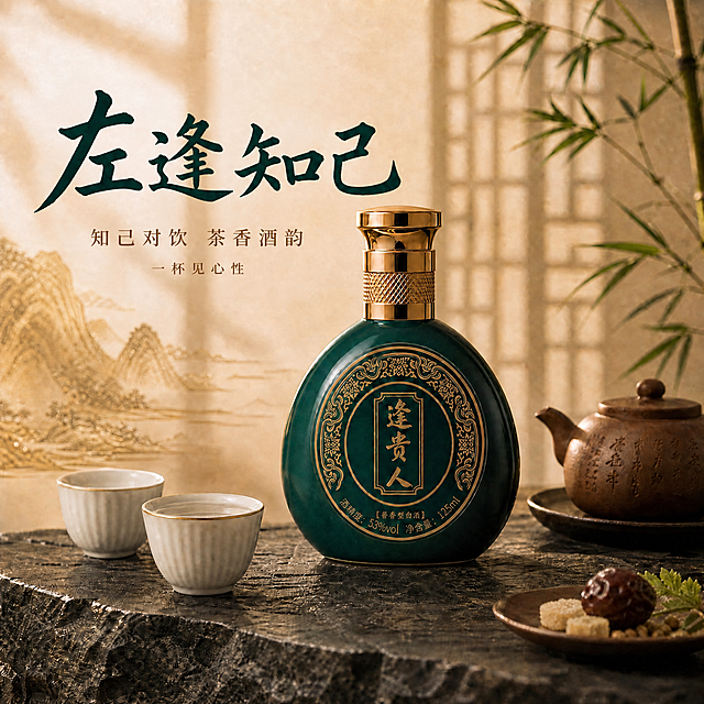 修改这张品鉴场景图的标题文字，将现有的三行大字全部替换。保持酒瓶、酒杯、茶壶、竹子、石台面、背景山水等所有视觉元素完全不变，只改文字。新标题：主标题为深墨绿色书法体大字"左逢知己"，字号大而醒目，居中偏左上方排列。主标题下方是赭石色细宋体小字"知己对饮 茶香酒韵"，再下方一行更小的字"一杯见心性"。整体文字有层次，体现知己品鉴的文化意境，不堆砌。字体风格与原图一致，其他画面元素、光影、色调全部保持不变。
