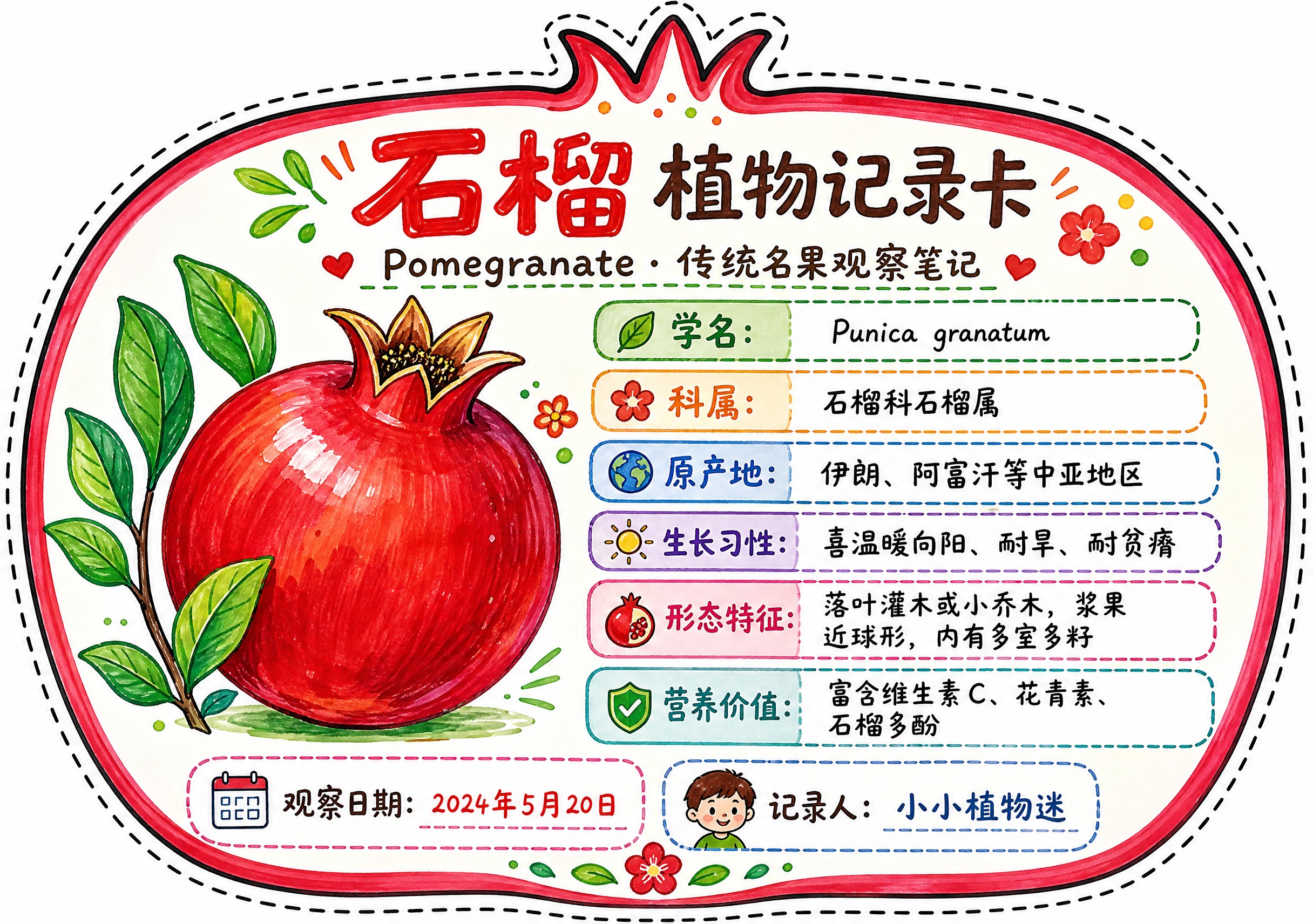 一张石榴异形植物记录卡，整体为石榴轮廓造型，沿石榴外轮廓有一圈… - 图片创意预览