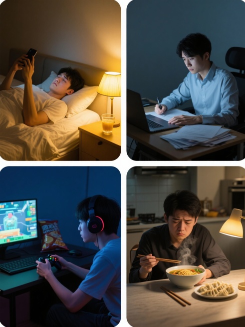 一张系列熬夜主题海报，采用写实风格，四个场景规整排布在纯色背景上。每个场景都保持相同的深夜氛围，暖黄色台灯作为主光源，人物面部有明显的疲惫感。左上角场景：一位年轻人躺在床上，背靠着枕头，双手举着手机，眼睛盯着屏幕，床头柜上放着一杯喝了一半的饮料；右上角场景：办公桌前，一个穿着衬衫的人眉头微蹙，面前摊开着文件和笔记本电脑，手握着笔悬在纸上，桌上堆满了资料；左下角场景：一个男生戴着耳机，身体前倾，……预览效果