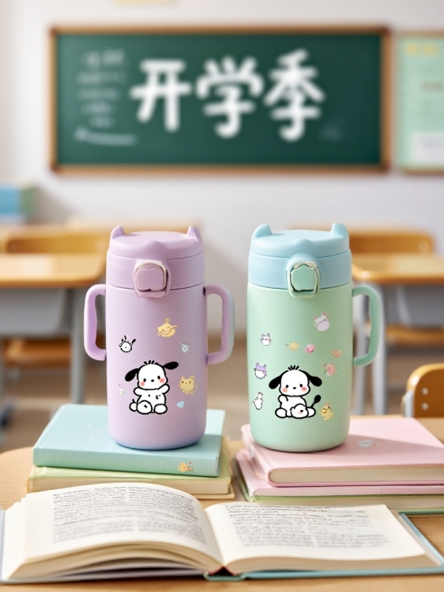 画面主体为2个设计可爱的保温杯，分别带有卡通小狗、小猫等图案；构图上，保温杯错落摆放在叠放的书本以及一本翻开的书上，富有层次感；背景是明亮的教室场景，模糊的黑板上有模糊的“开学季”字样，营造出开学氛围预览效果
