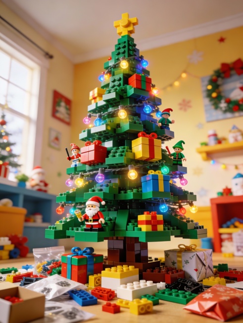 一棵用彩色乐高积木精准搭建的巨大圣诞树，矗立在充满童趣的房间中央。树上装饰着微型乐高小人（圣诞老人、精灵）、积木礼物盒和塑料彩灯。树下散落着等待拼装的乐高零件和包装纸。整体画面色彩明快，光线温暖，带有预览效果