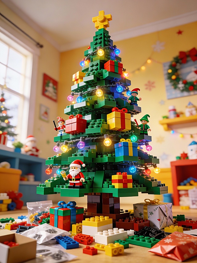 3D风拼贴艺术，积木圣诞树点亮节日温馨，卡通人物点缀趣味童趣，塑料质感微缩场景传递喜庆氛围。