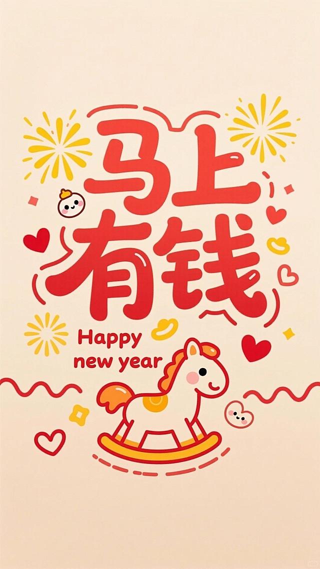 喜庆插画风，卡通摇马与大字“马上有钱”结合描边剪纸元素，点缀烟花爱心，传递新年可爱祝福。