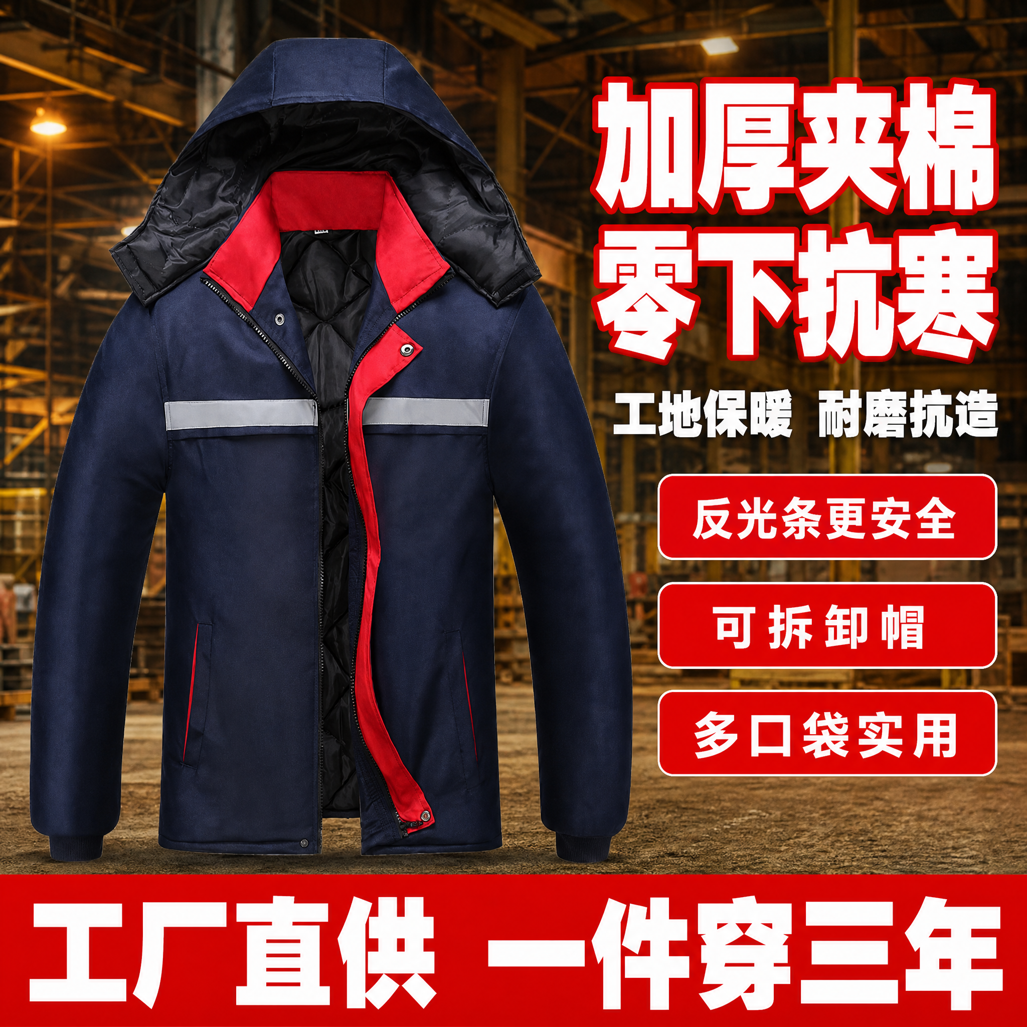 [主图-1] 藏青色加棉劳保工作服棉服核心卖点首图 拼多多风格… - 图片创意预览