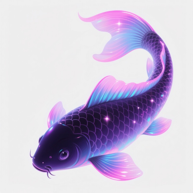 超现实风格的锦鲤插画，整体造型呈优雅的S形曲线，鱼鳞和鱼鳍具有半透明的梦幻质感，边缘带有细腻的发光效果，仿佛由星光和流体构成。锦鲤的头部微微低垂，神态宁静而神秘，鱼鳍和尾部呈现出飘逸舒展的动态，充满流动感。色彩改为深邃的暗紫色作为主色调，搭配荧光粉和霓虹蓝的渐变，鱼鳍边缘点缀亮粉色光晕，鱼鳞在不同角度下折射出紫、粉、蓝交织的虹彩光泽，整体营造出神秘而绚丽的超现实氛围，背景为纯白色以突出主体。预览效果