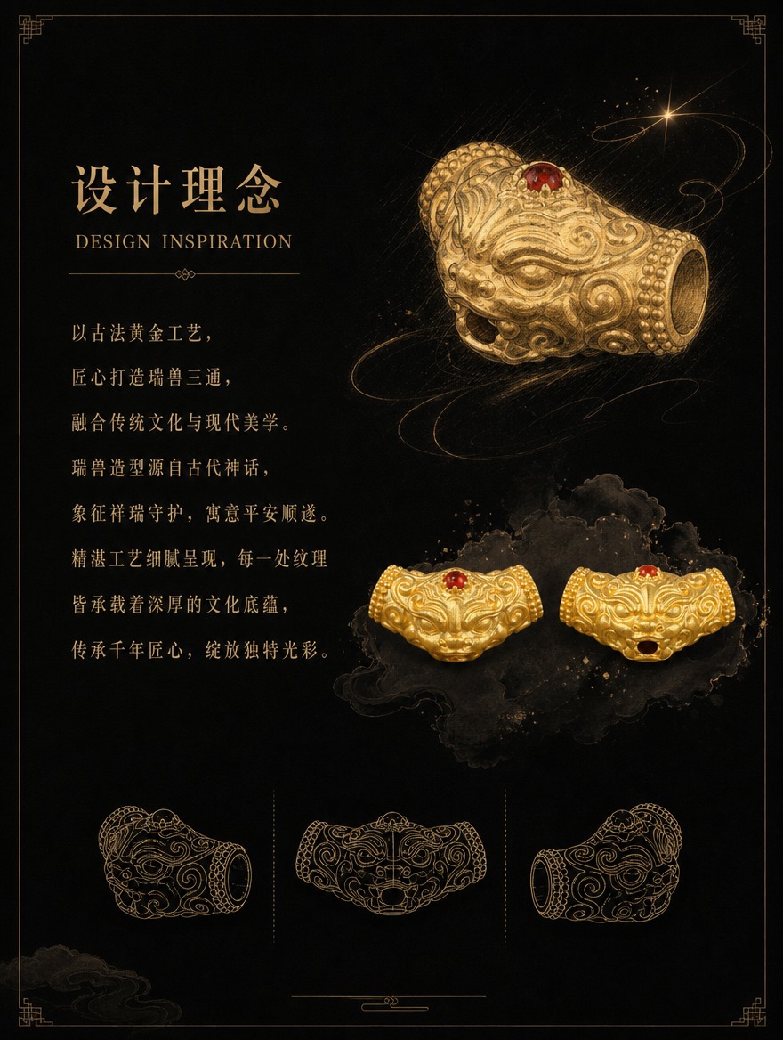 古法黄金瑞兽三通设计理念详情页，暗调黑金国风风格。纯黑背景，左… - 图片创意预览