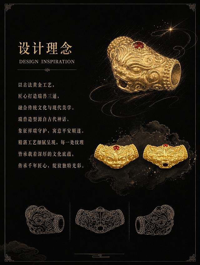 古法黄金瑞兽三通设计理念详情页，暗调黑金国风风格。纯黑背景，左侧文字区，右侧产品图。左上标题设计理念加英文Design Inspiration，下方6行设计说明文字。右侧上方是瑞兽三通45度角手绘质感图带闪光装饰线，下方并排两个产品正面图配水墨晕染底，底部三个线稿草图。古典宋体字，浅金色文字，细金线装饰。竖版3:4比例，4K高清。