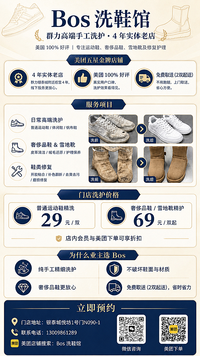 基于上一张Bos洗鞋馆竖版长图海报的整体风格（深蓝、米白、金色点缀，高端精致专业有信任感，版式精美分区清晰），保持整体设计风格、配色、版式结构完全不变，仅做以下内容修改：

1. 第二区标题由"业主专属权益"改为"美团五星金牌店铺"
   三张卡片内容调整为：
   卡片1："4 年实体老店"，小字"群力银泰城附近经营 4 年，线下服务更放心。"
   卡片2："美团 100% 好评"，小字"真实用户口碑，洗护效果看得见。"
   卡片3："免费取送（2双起送）"，小字"不用跑腿，上门取送，省心方便。"

2. 第四区标题由"群力业主专属服务价"改为"门店洗护价格"
   价格卡片内容不变：普通运动鞋精洗"29 元 / 双"，奢侈品鞋/雪地靴精护"69 元 / 双起"
   底部强调文字由"与店内会员价、美团价保持一致，不做低价内卷"改为"店内会员与美团下单可享折扣"

3. 第五区"为什么业主选 Bos"中，"免费取送，省时省力"改为"免费取送（2双起送），省时省力"

4. 第六区底部行动引导信息更新：
   门店地址："银泰城悦坊1号门N090-1"
   联系电话："13009861289"
   底部放置两个真实二维码图片，左边是微信二维码（图2），右边是美团二维码（图1），分别标注"微信咨询"和"美团下单"，二维码清晰可识别，嵌入圆角白色边框中。

其余所有区块（顶部品牌区、服务项目区、前后对比图区等）的内容、布局、配色、风格保持完全不变。画面中所有数字必须精确渲染，不得错位、遗漏或编造。