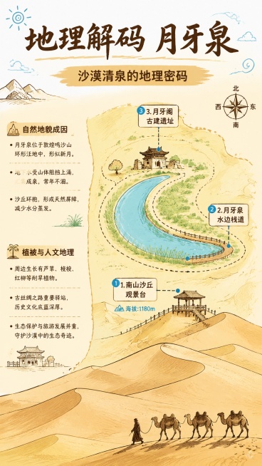 简约手绘地理科普作业海报，9:16比例，画面顶部主标题文字"地理解码 月牙泉"，副标题文字"沙漠清泉的地理密码"，画面中部绘制简易手绘月牙泉方位地图，遵循上北下南，南侧大面积绘制鸣沙山沙丘，中间洼地绘预览效果