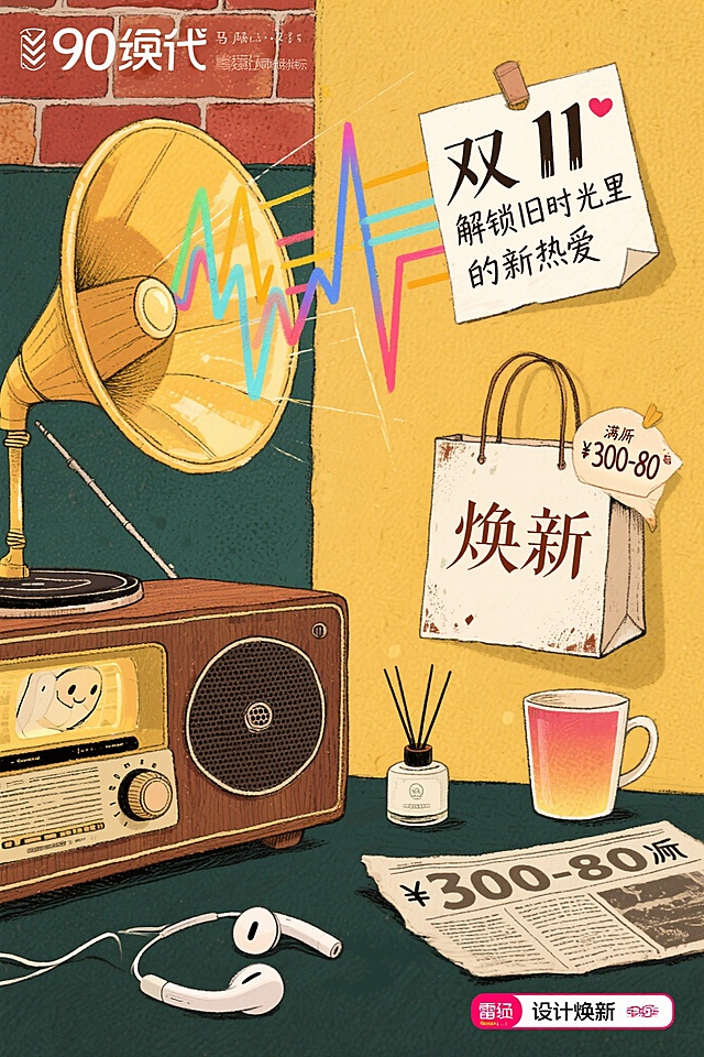 90年代复古插画与现代潮流元素碰撞，暖黄、砖红、墨绿为主色调，怀旧颗粒感背景模拟老海报质感，非对称构图。左侧是复古木质收音机，旋钮发光，喇叭处飘出彩色声波，声波缠绕着现代生活好物——无线耳机、香薰机、渐变水杯、手写心愿卡，心愿卡上字迹复古，写着“双 11 解锁旧时光里的新热爱”。右侧点缀迷你复古购物袋，印着极简“焕新”二字，还有旧报纸裁剪的满减标签，数字“300-80”用老宋体。收音机表面有轻微做旧划痕，心愿卡边缘卷角，背景角落贴小尺寸“设计焕新”艺术字，复古字体，低透明度不抢主体。线条清晰无模糊，色彩饱和度适中，突出复古风格焕新现代生活的核心，视觉兼具怀旧感与潮流张力，适配线下海报传播