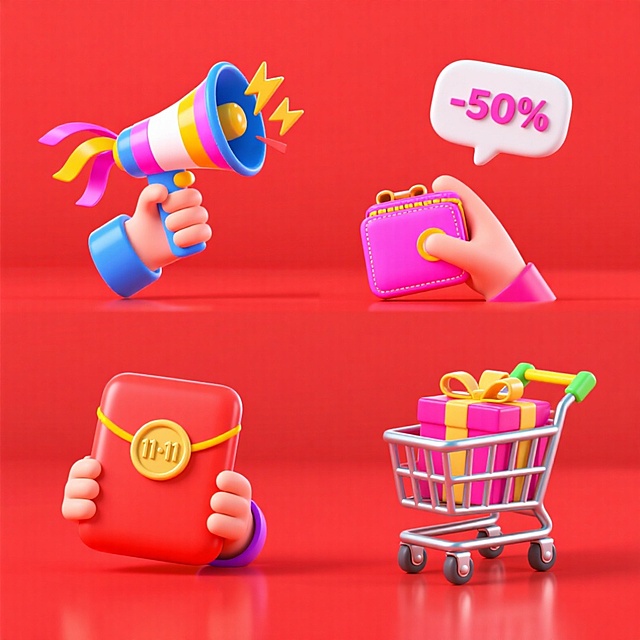 软3D风格，拟人化手部动作，卡通色彩搭配，突出促销感与可爱感，展现双十一购物节氛围。