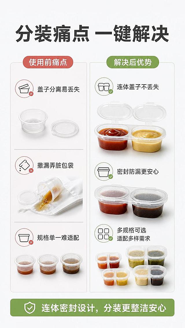 [第2屏] 痛点与解决对比页，展示一次性连体密封调料盒解决传统分装痛点。本屏使用产品原图进行图生图设计。
[氛围/风格] 清晰对比风，浅灰调商业设计，信息层级分明，干净易读。
[元素布局] 页面左右分栏对比，左侧展示使用前痛点：零散分装易漏、盖子易丢，右侧展示产品解决后：连体翻盖密封整齐，每侧占比约45%，产品保持原有外观结构，不遮挡核心问题展示；顶部主标题通栏，整体元素分布均匀。
[光影质感] 均匀柔光，对比清晰，产品部分保留真实质感，文字区域干净无阴影。
[配色色系] 全局底色 #F5F7F9，左侧痛点浅红标注，右侧解决浅绿标注，深灰文字，产品保持原有透明颜色。
[视角构图] 左右对比构图，从上到下阅读动线：顶部通栏标题 → 左右对比内容 → 底部总结。
[文字版式] 顶部主标题"分装痛点 一键解决"，左侧痛点列："盖子分离易丢失","撒漏弄脏包袋","规格单一难适配"；右侧优势列："连体盖子不丢失","密封防漏更安心","多规格可选适配多样需求"；每个要点配简约图标，文字大小适配移动端清晰可读，不遮挡产品。
[比例分辨率] 宽高比9:16，4K分辨率，文字清晰可辨。
[负向提示词] 产品变形，颜色失真，文字错乱，对比模糊，夸张恶心画面，水印