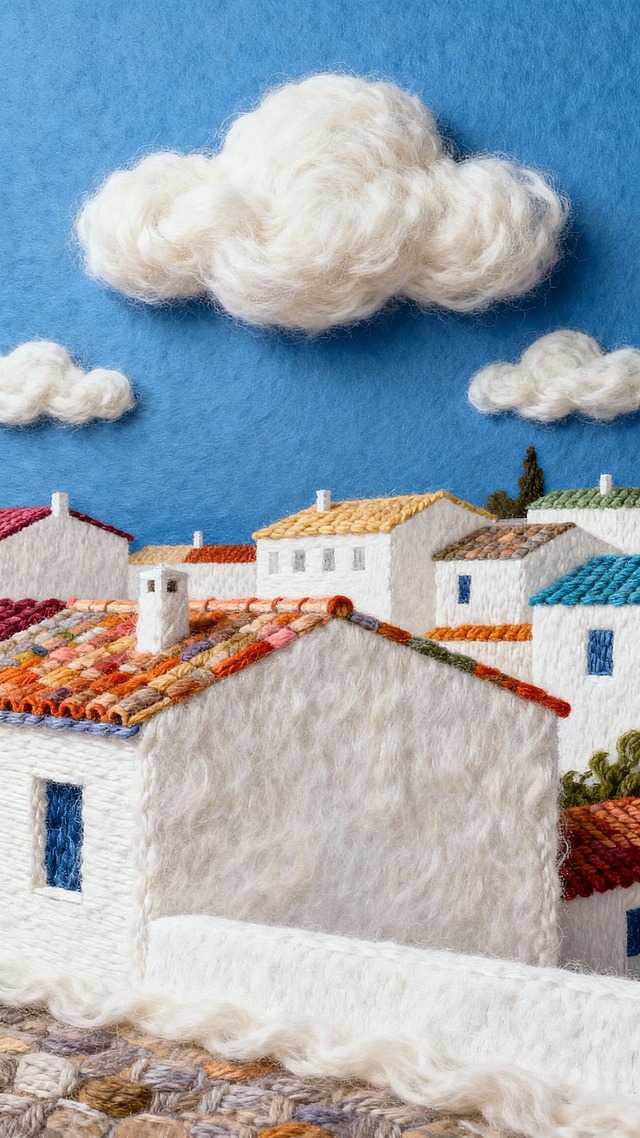 极简构图，编织艺术作品，蓬松马海毛线材质的地中海风景，上方是蓝色的天空，漂浮着毛茸茸的白色云朵，下方是白色的墙面建筑，搭配五彩缤纷的屋顶，整体呈现毛茸茸的地中海建筑风光，具有梦幻效果，融合绘画美学、表现主义和超现实主义风格，宛如大师杰作