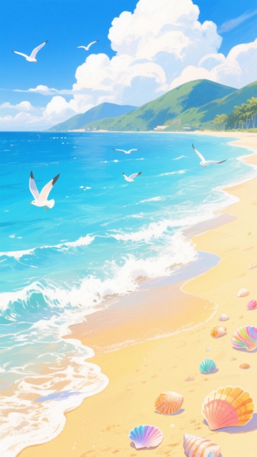 一幅充满梦幻色彩的海边插画，画面中有清澈碧蓝的海水，海浪轻轻拍打着金黄色的沙滩，远处是连绵起伏的青山，天空中飘着洁白的云朵，点缀着几只飞翔的海鸥和五彩斑斓的贝壳，整体风格偏向唯美浪漫，色彩鲜艳明快，营造出一种宁静而美好的氛围。预览效果