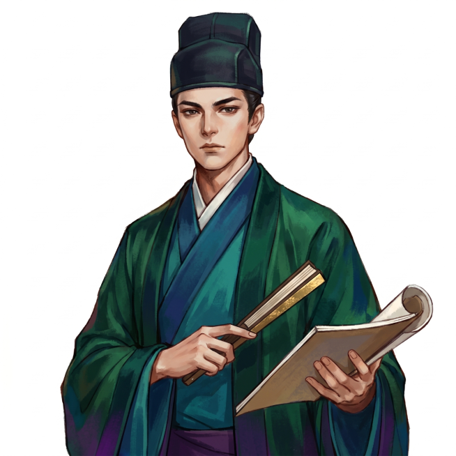 参考图片风格，重新生成画面内容，绘制金庸武侠游戏中一个青年书生的形象，人物的动作、姿势、服饰和发型符合人物形象，人物为半身像大概在腰部以上，不带红线、不带护臂、不带墨迹。预览效果