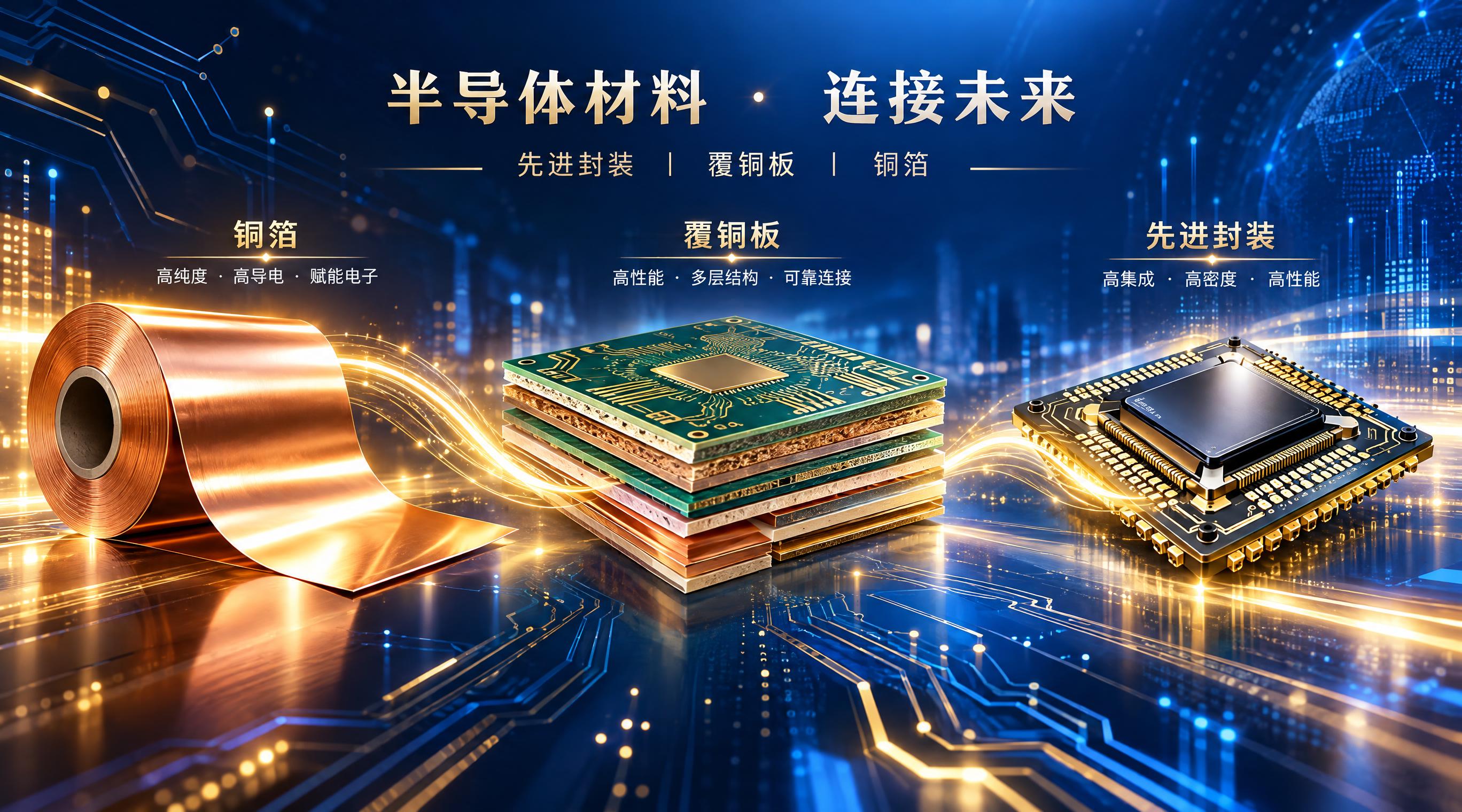半导体材料科技感封面图，主题为先进封装、覆铜板与铜箔三大产业链… - 图片创意预览