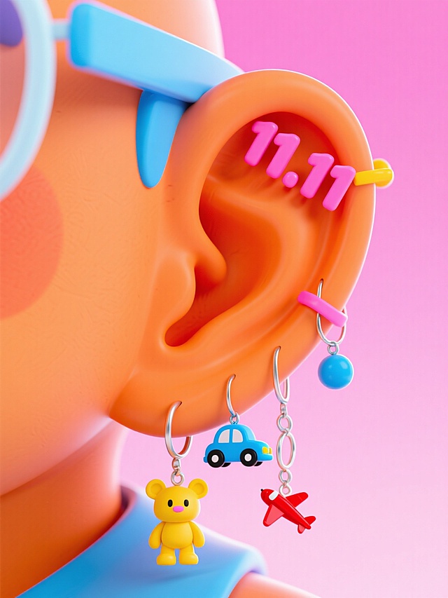 耳朵上挂满耳环的特写，耳环造型分别是：“11.11”、玩偶、玩具车、玩具飞机，粉色背景
