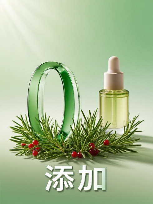 极简高端护肤品海报，淡绿色渐变背景，中央是通透立体的绿色玻璃质感“0”字造型，周围点缀新鲜绿色草本植物与红色小浆果，右侧放置一瓶透明瓶身、淡金色瓶盖的护肤品，瓶身有简约标签，底部有“添加”二字的半透明预览效果