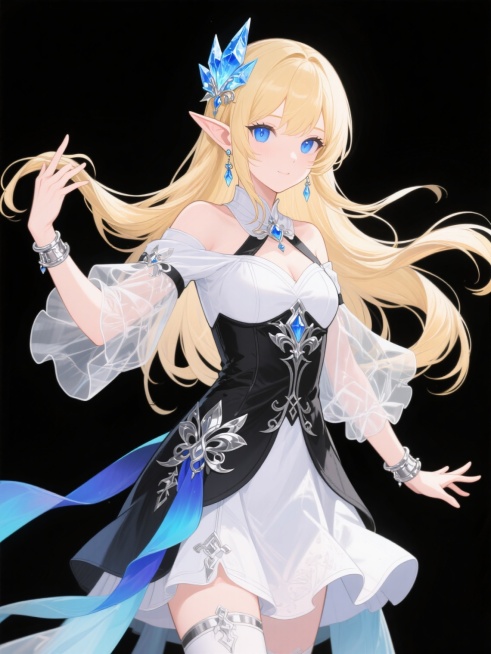 二次元动漫风格立绘，金发精灵少女，蓝色眼眸，尖耳朵，头上有蓝色冰晶状发饰，身着带有银色刺绣和蓝色渐变飘带的黑白相间露肩连衣裙，裙摆和袖口有透明薄纱装饰，佩戴银色手镯和耳坠，白色背景，少女双手自然抬起，一手轻拈发梢，一手向外舒展，姿态优雅灵动，长发随风飘逸，整体画面明亮清新，线条流畅细腻，色彩和谐统一，具有浓厚的游戏角色设计感。预览效果