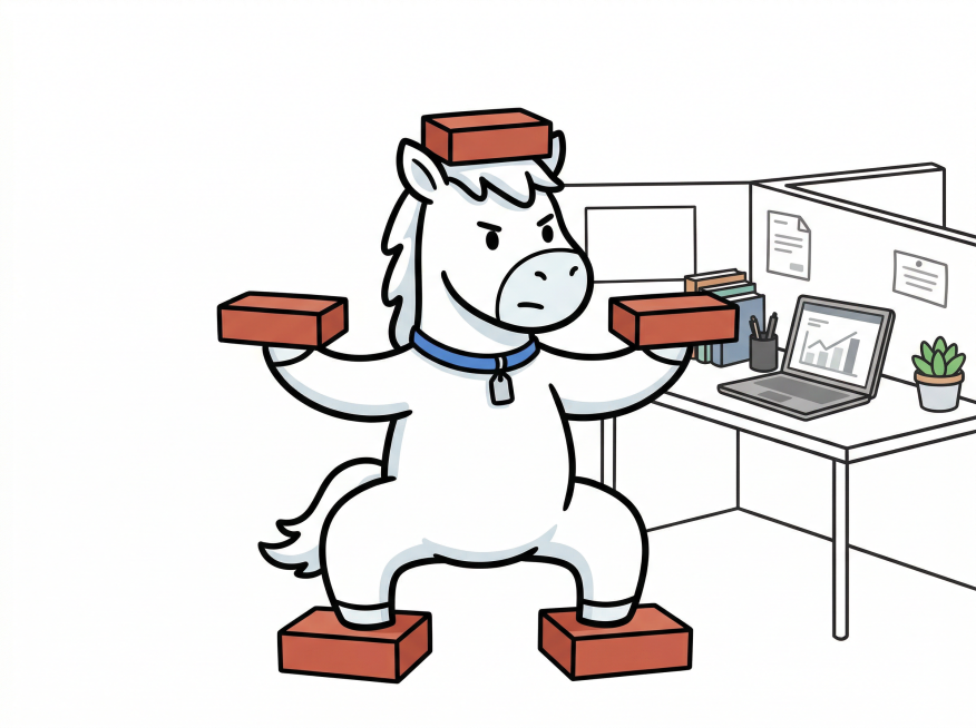 参考之前的白色小马形象，保持Q版风格，粗黑色线条描边，漫画风格。小马在简约办公室工位上扎马步，双手张开各提着一块红砖，头顶也顶着一块红砖，双脚下面分别踩着一块红砖，工位背景有办公桌、笔记本电脑、办公文预览效果