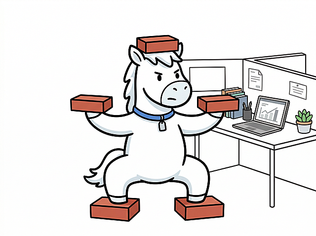 参考之前的白色小马形象，保持Q版风格，粗黑色线条描边，漫画风格。小马在简约办公室工位上扎马步，双手张开各提着一块红砖，头顶也顶着一块红砖，双脚下面分别踩着一块红砖，工位背景有办公桌、笔记本电脑、办公文具和小盆栽，纯色白色背景