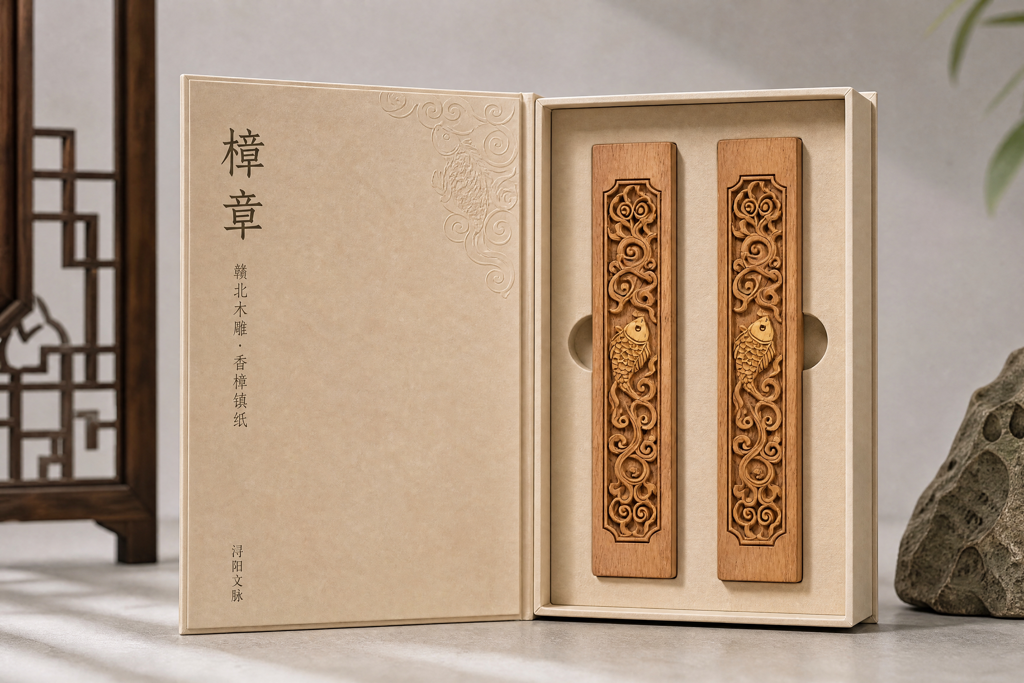 文创礼盒效果图，书本式磁吸翻盖礼盒，樟章赣北木雕香樟镇纸套装。… - 图片创意预览