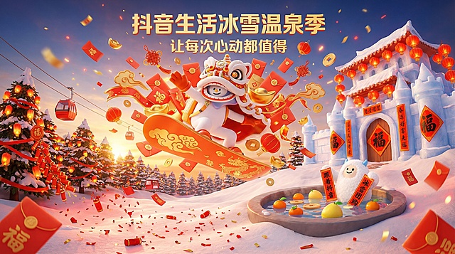 国潮风与软3D结合，卡通雪人舞狮滑雪，鎏金粒子飘散，喜庆红金配色，梦幻冰雪温泉场景，营造节日沉浸式虚拟现实体验。