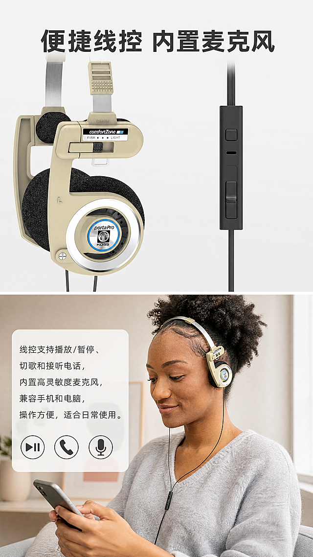 [第5屏] 线控麦克风功能展示页-KOSS Porta Pro LE限定版线控功能介绍。
[氛围/风格] 简约功能展示，真实场景结合文字说明，清晰直观。
[元素布局] 上半部分展示线控麦克风特写，使用图2产品图中的线控区域，保持线控外观和结构与原图一致，放大展示细节。下半部分展示人物佩戴耳机操作手机的场景，使用图4中黑人女性佩戴米色耳机图，保留人物和产品外观不变。
[光影质感] 产品特写部分光线均匀，细节清晰，场景部分自然光影，整体明暗对比适中，文字清晰可读。
[配色色系] 全局底色：#F5F5F5；文字背景：浅灰色；文字颜色：深灰色。
[视角构图] 9:16竖版，上下分屏，上特写下场景加文字，结构清晰。
[文字版式] 顶部主标题 "便捷线控 内置麦克风"，加粗居中。下半部分文字说明："线控支持播放/暂停、切歌和接听电话，内置高灵敏度麦克风，兼容手机和电脑，操作方便，适合日常使用。" 文字排版清晰，行间距合适，不遮挡主体。左下角增加简约功能图标装饰。
[比例分辨率] 9:16竖版比例，1080x1920，4K分辨率，文字清晰可辨。
[负向提示词] 线控变形，结构错误，颜色偏差，人物变形，文字错乱，背景杂乱，水印，诱导点击按钮。