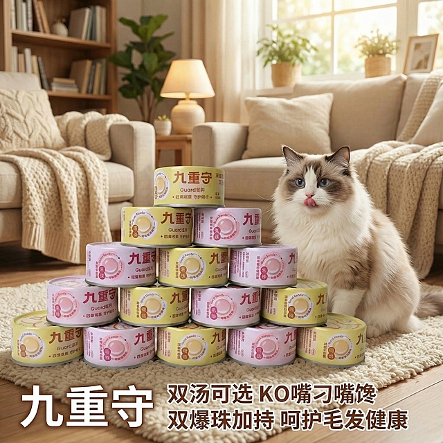 产品不变  
换成布偶猫  吐舌头 可爱 
文案 
品牌 九重守 
双汤可选  KO 嘴刁嘴馋
双爆珠加持 呵护毛发健康
