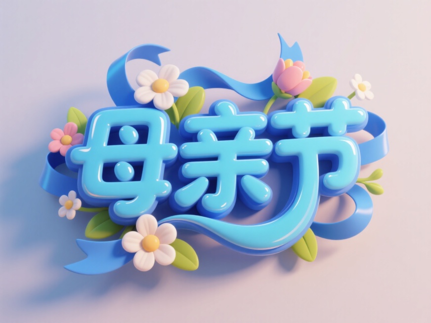 "母亲节"3D立体卡通大字，鲜花和丝带装饰，蓝色预览效果