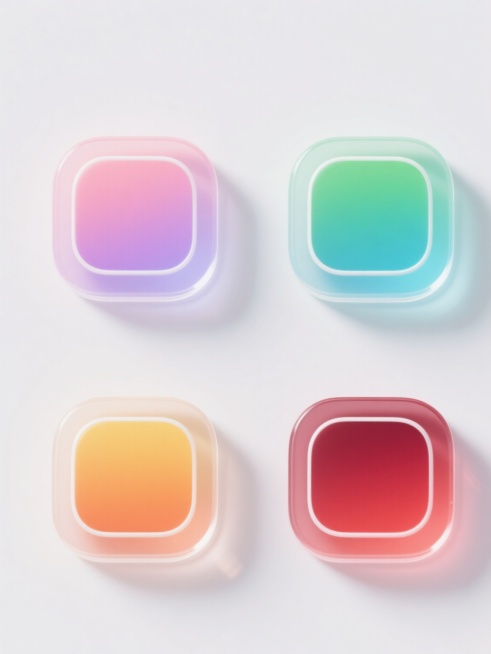 白色背景上，四个具有相同圆角正方形形状、透明渐变玻璃质感、精致白色描边的图标元素，以规整网格排布形成系列素材集合。第一个图标采用柔和的粉色到淡紫色渐变，第二个为清新的绿色到青蓝色渐变，第三个是温暖的橙色到黄色渐变，第四个是优雅的红色到深红色渐变，所有图标保持相同的光影效果、立体感和简约现代设计风格，整体画面干净整洁，色彩明快且协调统一。预览效果