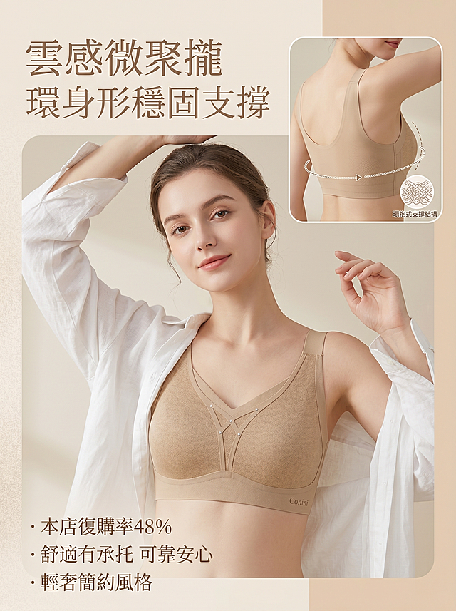 女模特穿着裸色内衣，外搭宽松白衬衫，手臂自然抬起，左侧小图展示内衣环抱式支撑结构，浅暖米色拼接纯色背景，功能展示型电商主图，突出产品承托力，暖调低饱和柔和自然，主标题：云感微聚拢，副标题：环身形稳固支撑，本店复购率48%，舒适有承托可靠安心，轻奢简约风格