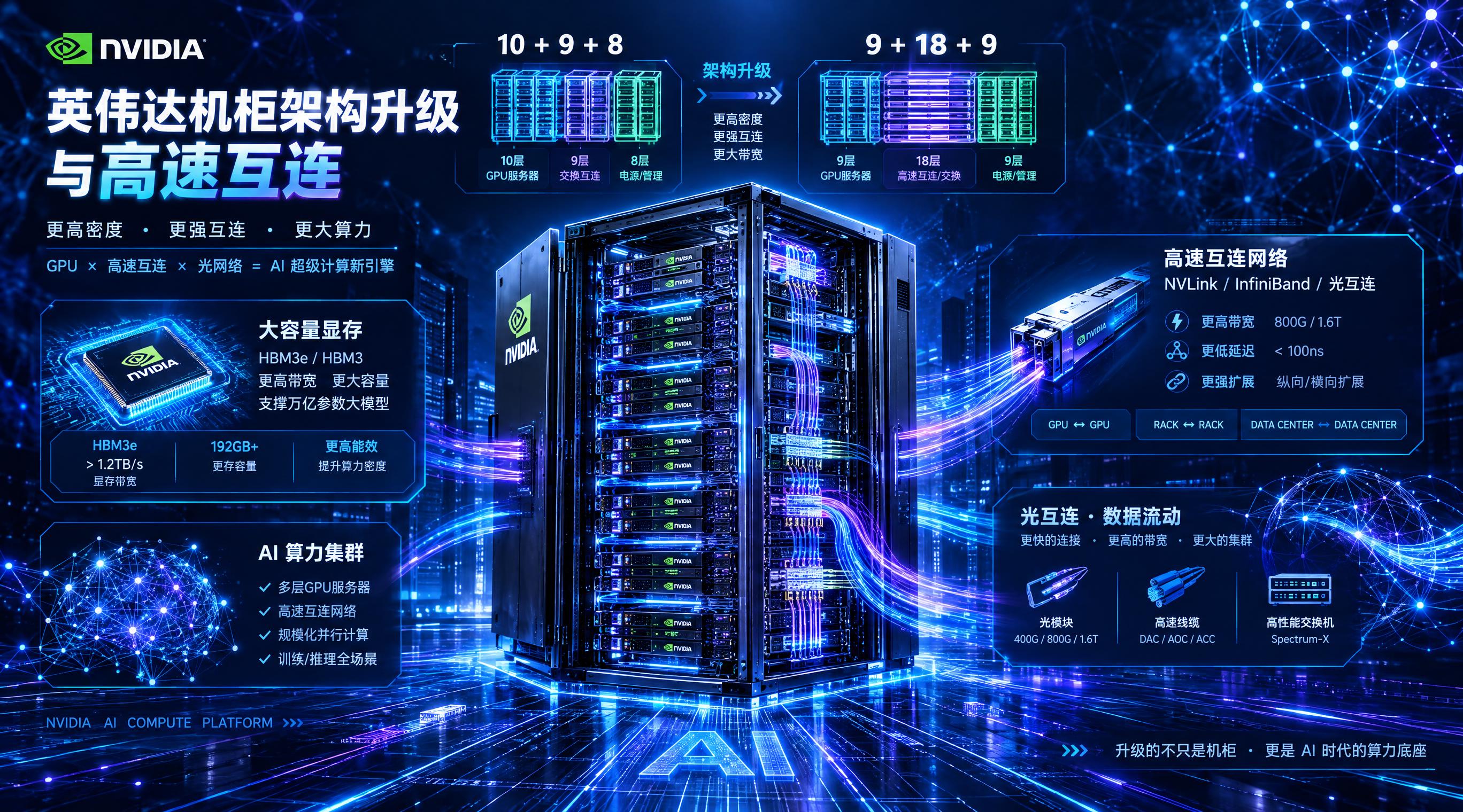 AI算力科技感封面图，主题为英伟达机柜架构升级与高速互连。画面… - 图片创意预览