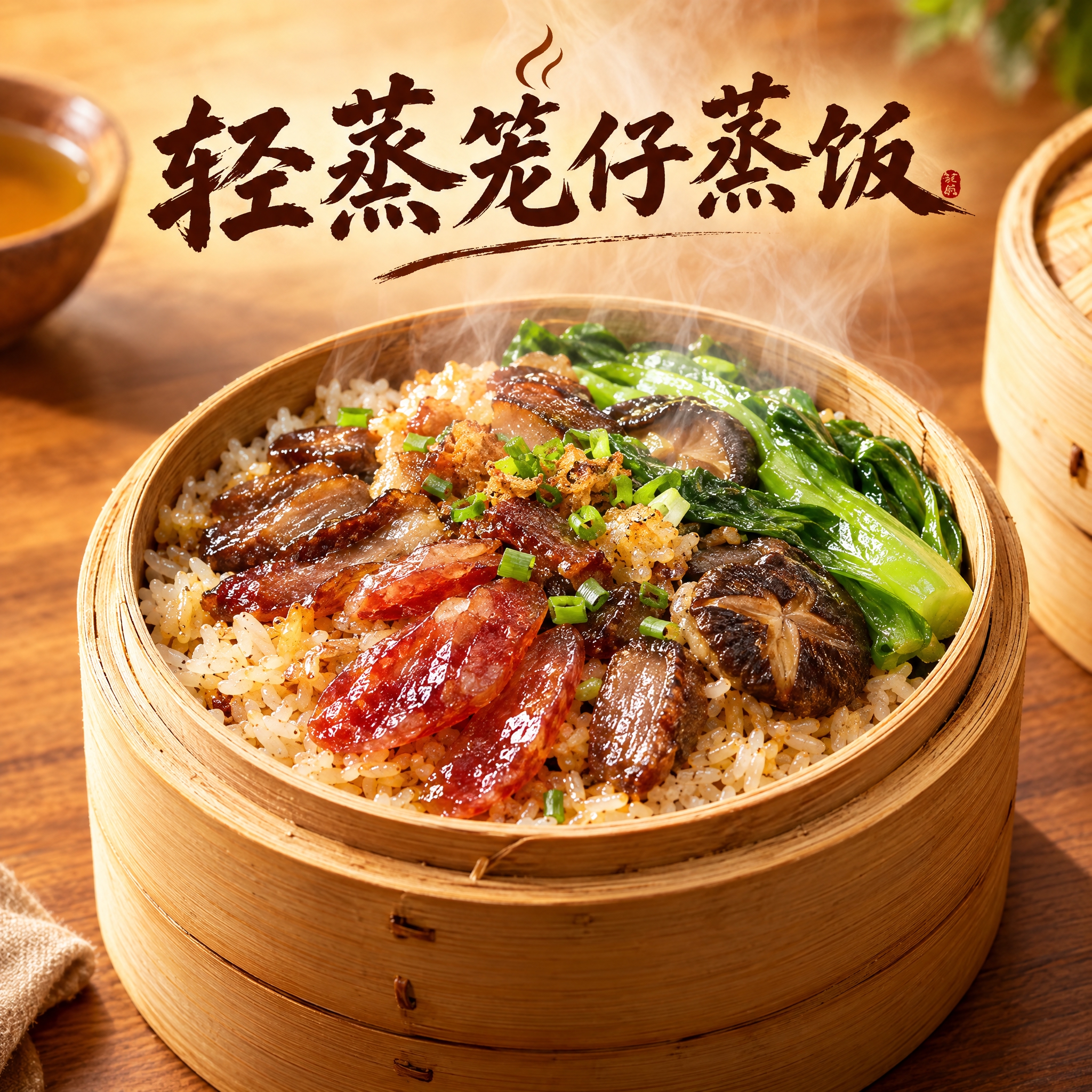 美食头像设计，店名"轻蒸笼仔蒸饭"，画面主体是一笼热气腾腾的广… - 图片创意预览