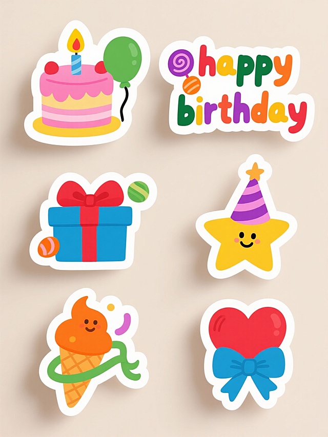 六个不同样式和装饰的“happy birthday”文字贴纸，上下两行对齐排列，采用卡通手绘风格，每个贴纸都有独特的装饰元素：第一个是粉色蛋糕配黄色蜡烛和绿色气球，第二个是紫色棒棒糖和橙色糖果，第三个是蓝色礼物盒和红色丝带，第四个是黄色星星和紫色派对帽，第五个是橙色冰淇淋和绿色彩带，第六个是红色爱心和蓝色蝴蝶结，所有贴纸都有白色描边和立体阴影效果，背景为浅色，整体色彩鲜艳明快，充满生日氛围。