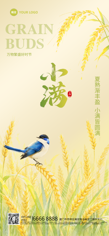 小满节气祝福清新田园插画风全屏竖版海报预览效果