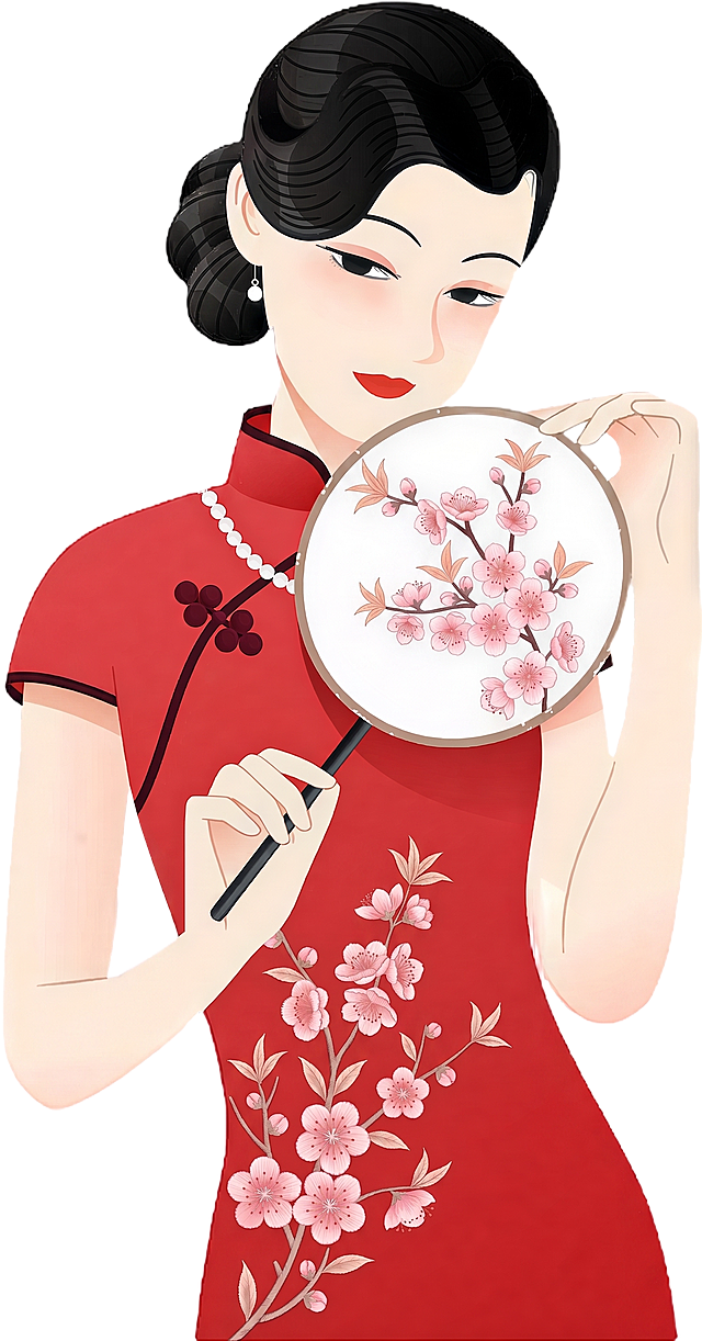把扇子上的梅花和衣服上的梅花改为桃花