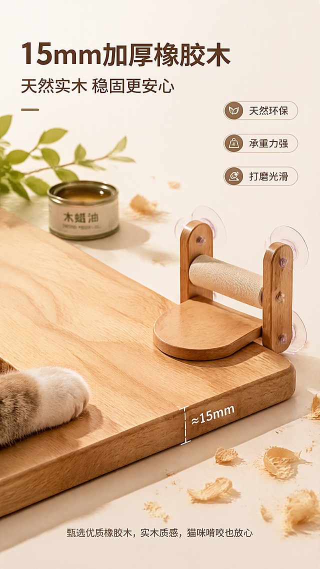 [第3张] 材质工艺解析页 - 15mm加厚橡胶木实木材质展示。本张使用【图1】中的实木组件作为主体参考，保持木材颜色纹理一致。
[氛围/风格] 自然原木质感，微距特写+场景结合，高级商业摄影质感，突出天然木材的温润质感。
[元素布局] 画面主体为一块橡胶木实木板的微距特写，占比约50%，清晰展示天然木纹肌理、木材厚度（标注约15mm）；木板旁放置一个小型实木跳台组件（与原图一致的橡胶木材质+吸盘结构）；背景为浅米色，散落几片原木木屑和木蜡油小罐；左下角有一只猫爪轻轻搭在木板边缘。
[光影质感] 左侧45°柔光照射，木纹凹凸处形成自然阴影，木材表面温润有光泽，厚度边缘清晰锐利。
[配色色系] 全局底色浅米白#FAF7F0；主色原木棕褐色系；辅助色浅绿叶片点缀；文字深棕色。
[视角构图] 微俯视45°角，木板斜放贯穿画面中部，景深较浅突出木纹细节，阅读动线左上标题→中部材质特写→底部说明。
[文字版式] 左上主标题「15mm加厚橡胶木」，副标题「天然实木 稳固更安心」；右侧三个信息标签「天然环保」「承重力强」「打磨光滑」；底部小字说明「甄选优质橡胶木，实木质感，猫咪啃咬也放心」。
[比例分辨率] 9:16竖版比例，4K分辨率，文字清晰可辨，高清画质。
[负向提示词] 木材纹理失真，颜色偏差，水印，文字错乱，文字过小，背景杂乱，木板变形。
