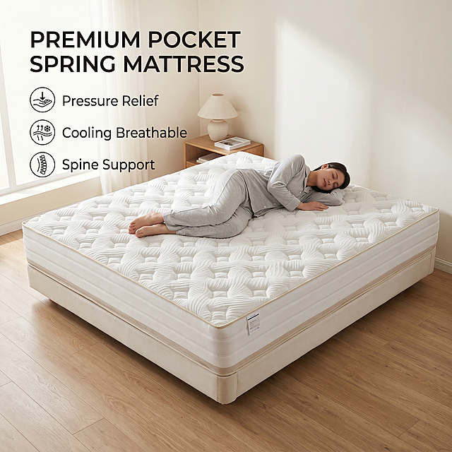 [Main Image 1] Premium Pocket Spring Mattress product display in modern bedroom. [Atmosphere Style] Warm cozy modern minimalist home style. [Image Quality] Commercial photography texture, soft and transparent light, clear and realistic product, clean and advanced picture. [Elements] The white knitted fabric quilted mattress is placed in the center of a minimalist modern bedroom, with light wood flooring off-white walls and a simple bedside background. A person lies on the mattress to show the comfortable support. Keep the appearance (physical structure, material texture, color) of the mattress completely consistent with the input product image, eliminate any deformation and color difference, and process it finely. The product occupies about 85% of the picture, full screen without border. [Light and Shadow] Warm natural light from the side window, soft light, clear layers, natural transition between light and shadow. [Color Matching] Main color off-white knitted fabric, auxiliary color wood warm color, wall off-white. [Perspective Composition] 45-degree front side view, centered composition, product contour is complete without cutting. [Text Layout] Upper left negative space left-aligned, with large title "PREMIUM POCKET SPRING MATTRESS" and 3 bullet points with icons: "Pressure Relief", "Cooling Breathable", "Spine Support", all text in English, no Chinese characters. [Proportion Resolution] 1:1 ratio, 2K resolution, clear text, ultra HD. [Negative Prompt] Deformed, watermark, text disordered, product image blurred, messy background.