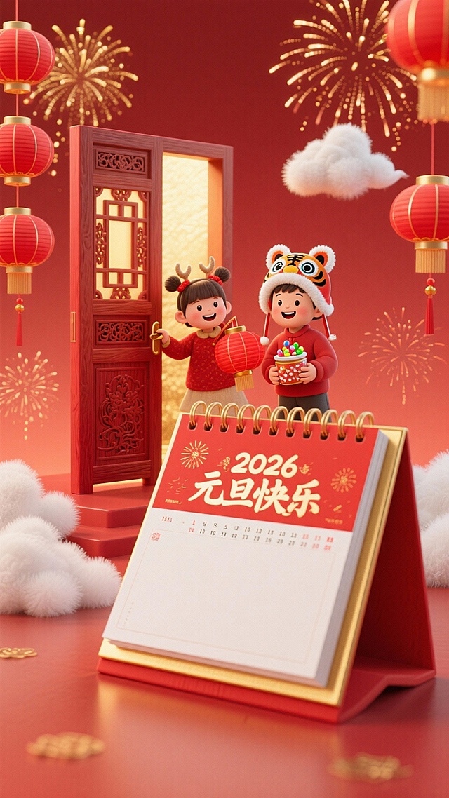 主体为烫金边框红色装订日历造型，金红渐变背景，暗红色哑光地面，日历里是一扇雕花红木门（门内透出暖金色光晕），儿童（日历门外扎羊角辫的女童举着红色灯笼推门，门内戴虎头帽的男童捧着糖果罐迎接，笑容灿烂）；搭配蓬松白色云朵装饰、金色烟花与红色灯笼串元素，色彩明亮饱和；正红色（日历主体、木门），白色（日历白页、云朵）、金色（边框、烟花），色调喜庆隆重；日历上部分是红色页有烫金“2026”与白色“元旦快乐”字样，下为空白页，背景烟花绽放错落有致，云朵装饰带有细腻绒毛质感。