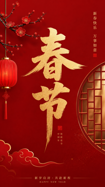 春节主题竖版海报，极简国风风格，以红色为主色调，氛围喜庆热闹，画面留白干净，大字突出主题，设计高级简约，具备高清质感预览效果