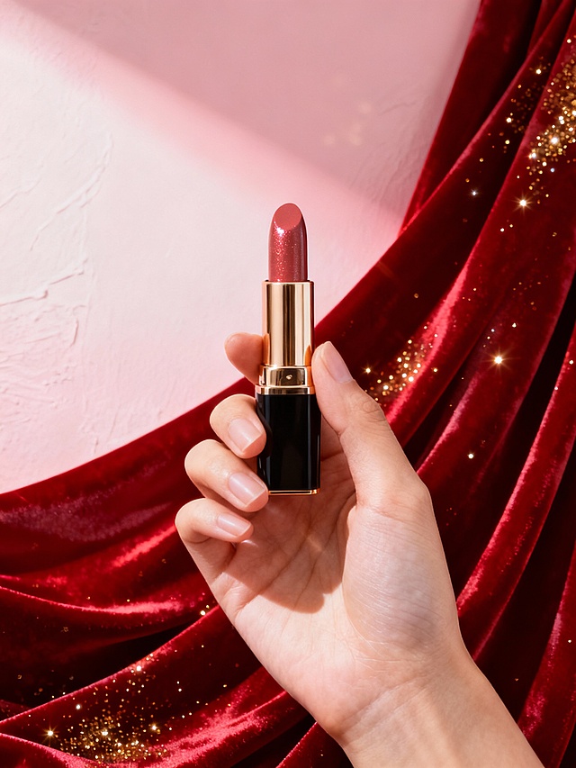 手持动感氛围图
 
核心提示词：商业产品摄影，一只纤细的手握着口红，背景是流动的红色丝绒布幔和浅粉色渐变墙面，点缀金色闪粉，光线柔和有动感，突出口红的光泽质感，整体氛围高级且富有生命力，8K超高清，写实风格。
