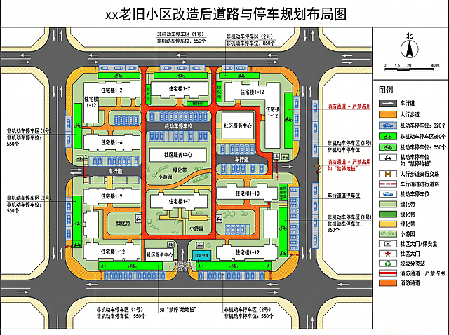 老旧小区改造后道路及停车规划布局图，清晰划分车行道路、人行步道，标注规范非机动车停车区域，解决乱停乱放占用通道问题，专业规划图纸，布局合理，标注清晰