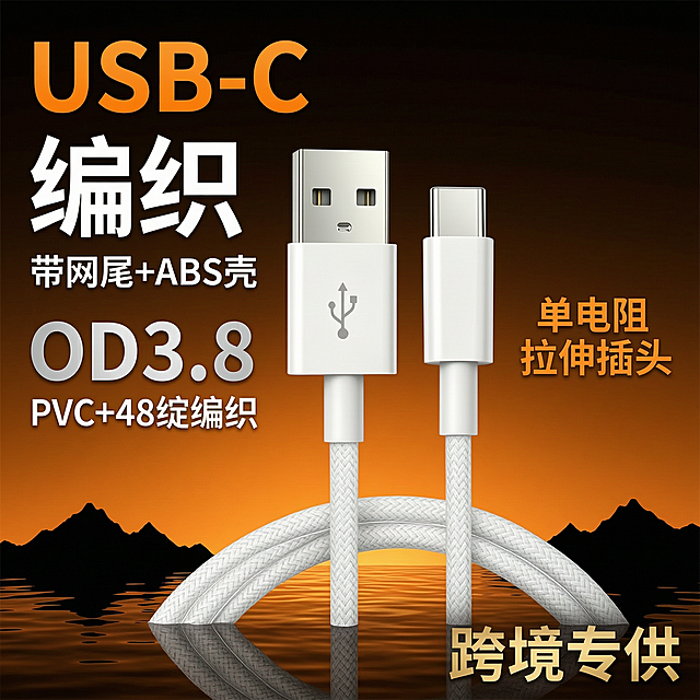 将这张数据线图片背景改为橙黑渐变，底部添加水面纹理，将数据线主体放在水面上，两侧添加山峰，突出数据线主体细节。顶部左侧添加橙色渐变字体“USB-C”，左侧添加粗大号白色字体“编织”，添加白色小号字体“带网尾+ABS壳”，添加银色大号加粗字体“OD3.8”，添加白色小号字体“PVC+48绽编织”，右侧添加橙色字体“单电阻 拉伸插头”，底部右下角添加金色大号字体“跨境专供”，整体风格专业清晰，突出主体，适合电商平台展示