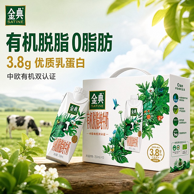 [主图-1] 金典有机脱脂纯牛奶 整箱装 首图点击率 有机脱脂0脂肪核心卖点展示。
[统一基调] 清新自然品质风格，背景主色为自然渐变的浅绿到米白，标题字色为深绿色，辅助字色为深灰色，强调色为金色，字体为简洁现代无衬线粗体，字号层级分明，卡片样式为圆角轻透白底，图标为简约线性风格。
[画面] 金典有机脱脂纯牛奶整箱（250mL×10）与单瓶梦幻盖产品组合展示，整箱位于画面右侧偏中位置，占画面约55%，单瓶倾斜靠在整箱前方左侧，形成前后层次感。背景为清新自然的有机牧场场景虚化处理，远处隐约可见绿色草地与蓝天白云，近处有几片新鲜绿叶和白色小花点缀，营造有机天然氛围。左上角放置金典品牌Logo，保持原图样式不变。画面左上方为文案区域，不遮挡产品主体。
[光影质感] 自然暖阳逆光效果，主光从右上方柔和照射，产品表面有自然的高光与细腻阴影，包装材质呈现真实的纸质与塑料盖质感，瓶身有轻微环境反光，整体通透干净，商业摄影级高清质感。
[配色] 主背景浅绿渐变到米白，产品保持原图白绿金配色，文字深绿与金色搭配，绿叶白花作为自然点缀，整体色调清新健康。
[文字版式] 左上方文案区，主标题大字"有机脱脂 0脂肪"，深绿色粗体；下方副标题"3.8g 优质乳蛋白"，金色字体稍小；再下方小字"中欧有机双认证"，深灰色细体。文字横排左对齐，层级清晰，不遮挡产品。
[输出要求] 比例1:1，2048×2048像素，2K高清，产品清晰不变形，文字清晰可读，画面干净有品质感。禁止出现正品保证、破碎包赔等字样，禁止水印、平台Logo、错字、模糊、杂乱背景。