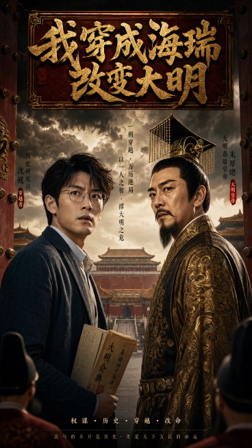 AI短剧封面 穿越题材 大明王朝1566风格 现代历史研究员和嘉靖皇帝同框 故宫紫禁城背景 古风权谋 氛围感拉满 电影质感 剧名：我穿成海瑞改变大明 剧名文字放在封面顶部预览效果