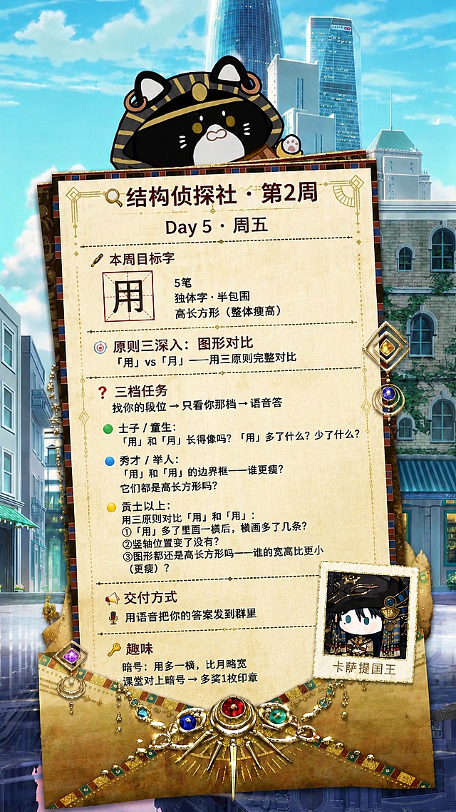 参考原图的复古信纸版式和二次元城市背景，顶部保留卡通小猫头像，右下角保留小卡通人物卡片，将信纸内容替换为以下结构侦探社周五任务文案，所有文字必须完整、清晰、正确呈现：
🔍 结构侦探社 · 第2周
Day 5 · 周五
────────────────────────────────────────────────────
✒️ 本周目标字
用    5笔    独体字·半包围    高长方形（整体瘦高）
────────────────────────────────────────────────────
原则三深入：图形对比
🎯 「用」vs「月」——用三原则完整对比
────────────────────────────────────────────────────
❓ 三档任务
找你的段位 → 只看你那档 → 语音答
🟢 士子 / 童生：「用」和「月」长得像吗？「用」多了什么？少了什么？
🔵 秀才 / 举人：「用」和「月」的边界框——谁更瘦？它们都是高长方形吗？
🟡 贡士以上：用三原则对比「用」和「月」：①「用」多了里面一横后，横画多了几条？②竖轴位置变了没有？③图形都还是高长方形吗——谁的宽高比更小（更瘦）？
────────────────────────────────────────────────────
📤 交付方式
🎤 用语音把你的答案发到群里
────────────────────────────────────────────────────
🔑 趣味
暗号：用多一横，比月略宽
课堂对上暗号 → 多奖1枚印章
保留原图的复古装饰、宝石镶嵌、排版风格，保持整体排版和原图一致，文字清晰可读，保留9:16竖版比例，4K画质。
画面中所有数字必须精确渲染，不得错位、遗漏或编造。
