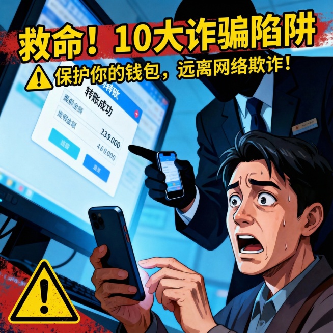 老人换成年轻人 加上标题：救命！10大诈骗陷阱 改成海报风格的预览效果