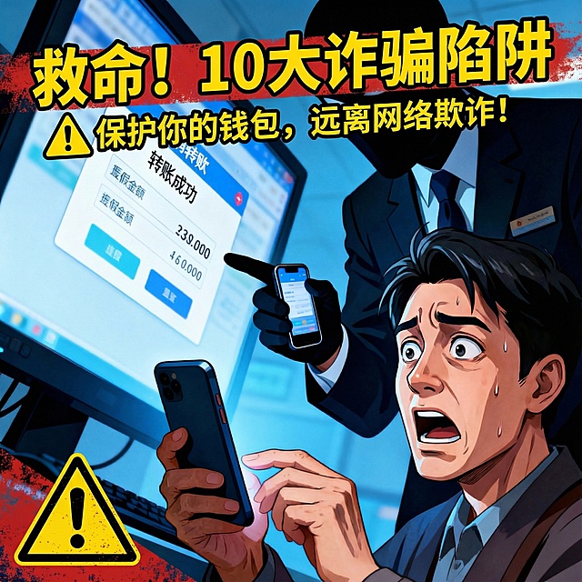 老人换成年轻人 加上标题：救命！10大诈骗陷阱 改成海报风格的