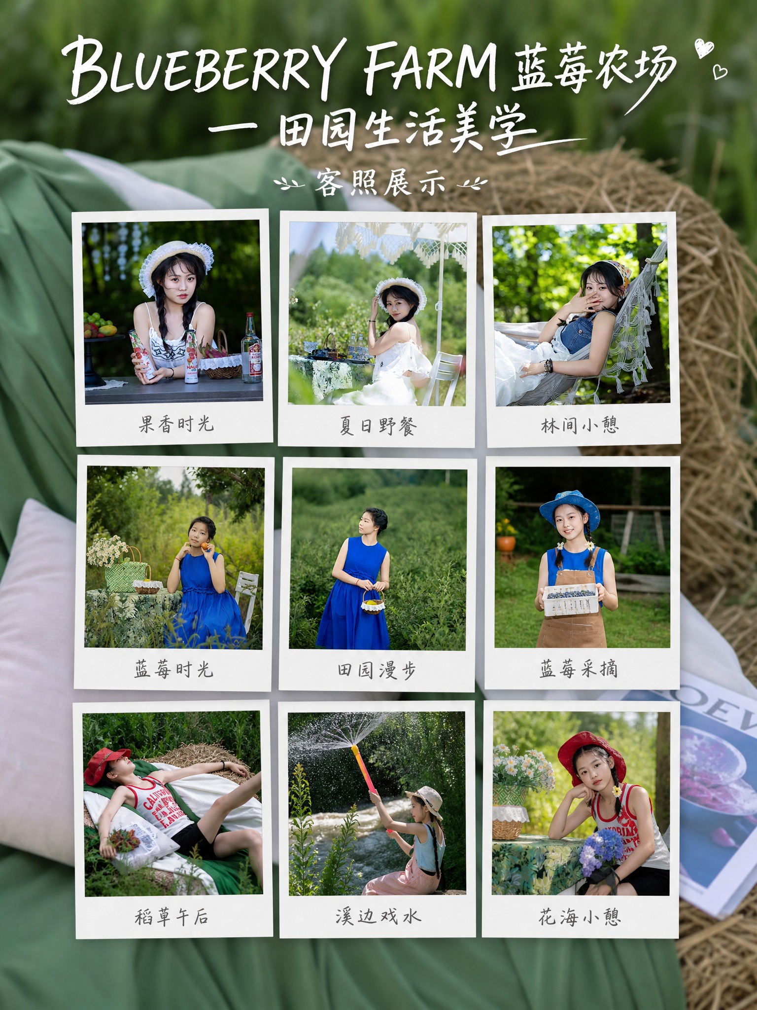 以第10张草垛田园图为背景，制作蓝莓农场田园生活美学客照展示海… - 图片创意预览